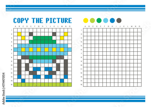 Copy the picture grid drawing worksheet for kids. Pixel art alien robots