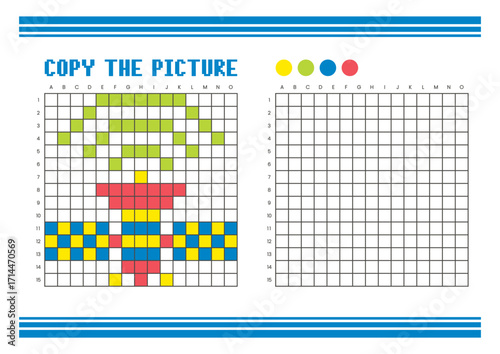 Copy the picture grid drawing worksheet for kids. Pixel art satellite