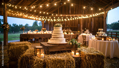 Rustic barn wedding reception at dusk with a tiered cake, string lights, and hay bale decorations.