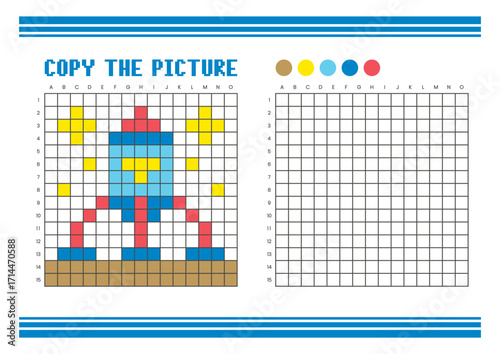 Copy the picture grid drawing worksheet for kids. Pixel art rocket
