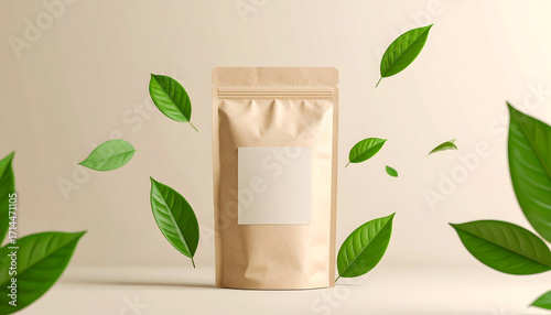 Natural product packaging mockup featuring a brown kraft paper pouch with a blank label, surrounded by fresh green leaves.