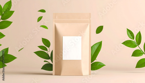 Blank kraft paper stand-up pouch with a white label, surrounded by fresh green leaves for a natural product mockup.