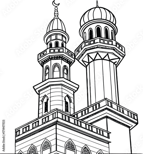 Close-up line drawing of two ornate mosque minarets and building facade Islamic architecture