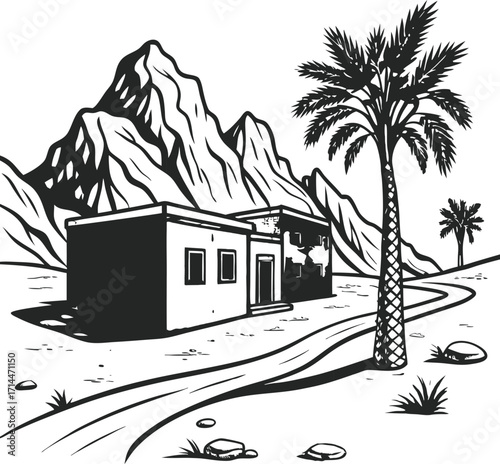 Desert landscape with traditional house and palm trees in black and white building