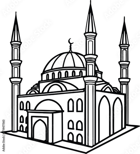 Detailed line drawing of a mosque with multiple domes and minarets islam religion