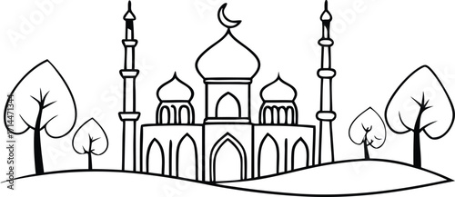 Simple cartoon drawing of a mosque with trees and rolling hills Islamic architecture