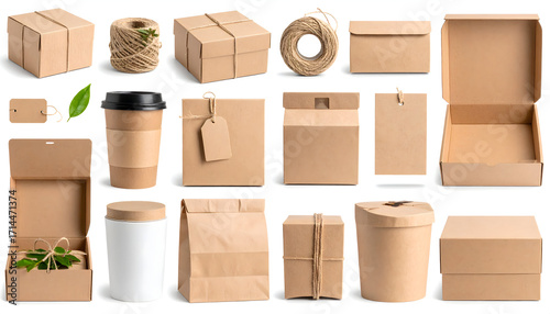 A collection of various eco-friendly kraft paper and cardboard packaging materials isolated on a white background.