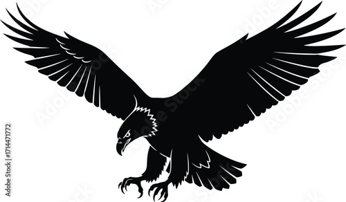 Flying eagle silhouette with spread wings and sharp talons in black vector design for wildlife, nature, freedom, and predator illustration