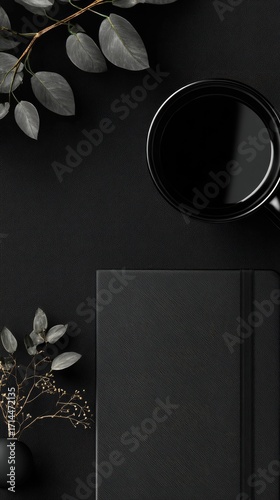 Overhead shot of a dark aesthetic flatlay featuring a black notebook, coffee mug, and grey-green eucalyptus branches on a black surface