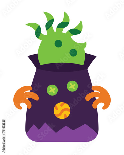 Vector art of cute cartoon monster in a bag
