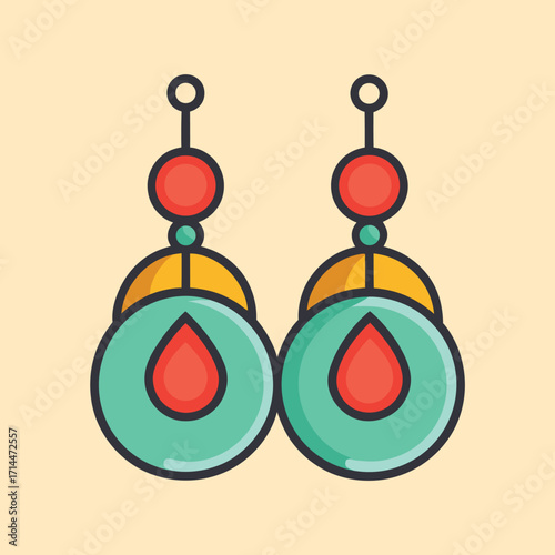 Elegant teal and red geometric earrings jewelry design on a yellow background