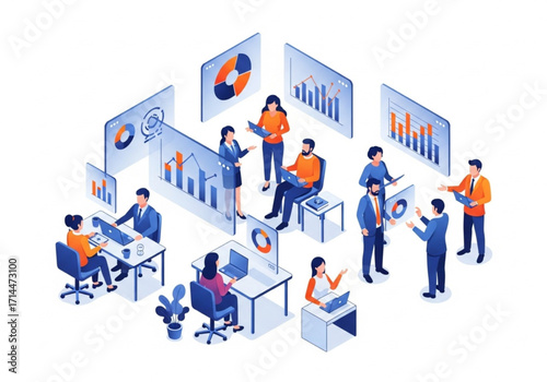 Isometric Business Teamwork and Data Analysis Vector Illustration