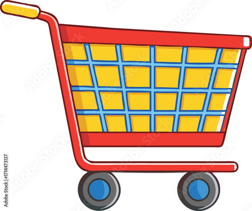 Bright red shopping cart with yellow and blue basket for retail and groceries vector