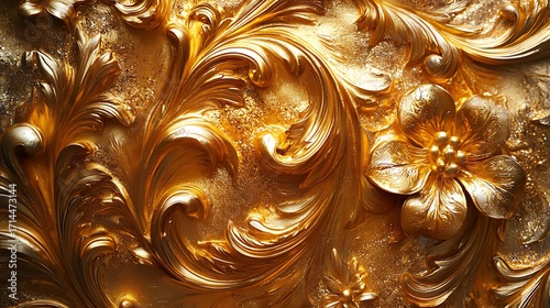 Luxury embossed baroque golden floral background high resolution photo