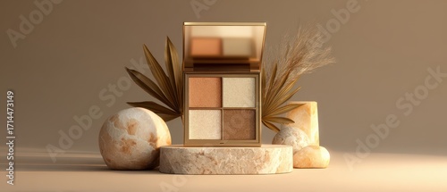 Luxurious Makeup Palette Displayed with Natural Elements, Soft Lighting.