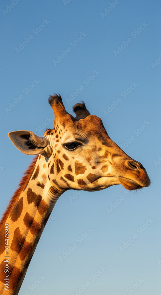Naklejka premium Giraffe Head and Upper Neck in Side Profile Against Clear Blue Sky Highlighting Patterned Coat and Ossicones in Detailed Wildlife Portrait Scene