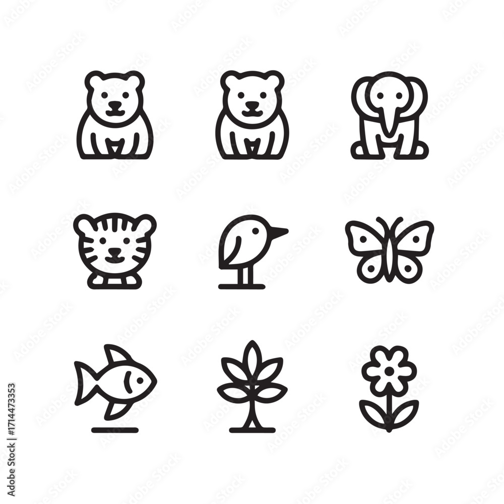 Obraz premium Set of nine cute cartoon animal and nature icons, including bears, tiger, elephant, bird, butterfly, fish, plant, and flower, isolated on white background technology background