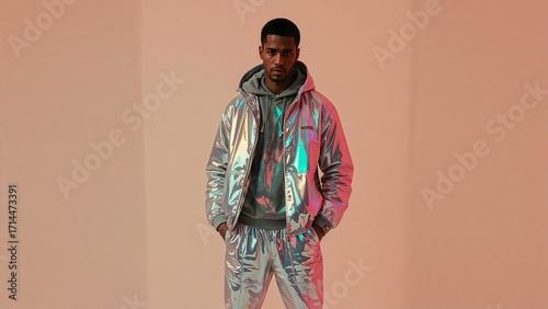 Man in Chrome Reflective Streetwear