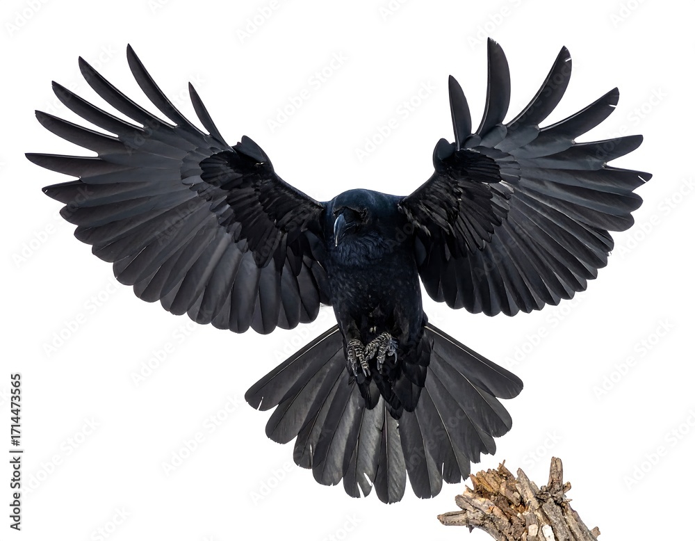 Obraz premium Black crow in flight against white background