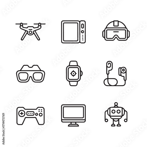 Set of nine modern outline icons for technology and gadgets, isolated on a white background technology background