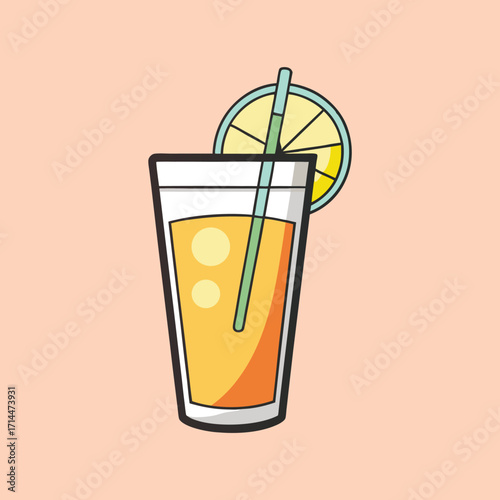 Cartoon style summer drink with lemon slice on orange background illustration