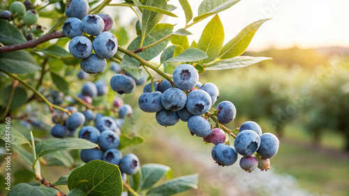 Blueberry hanging on tree in garden, Blueberry on tree in natural warm sunlight view