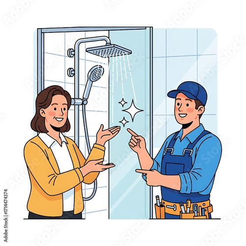 Smiling Woman and Plumber Inspecting a Clean Shower in a Modern Bathroom