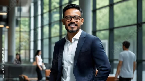 Smiling man in a navy suit and white shirt stands in a modern glass-walled office lobby, with colleagues blurred in the background.