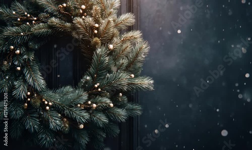 Evergreen christmas wreath decorating a door with festive lights and falling snow