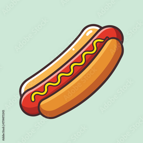 A stylized cartoon hot dog with mustard on a simple green background