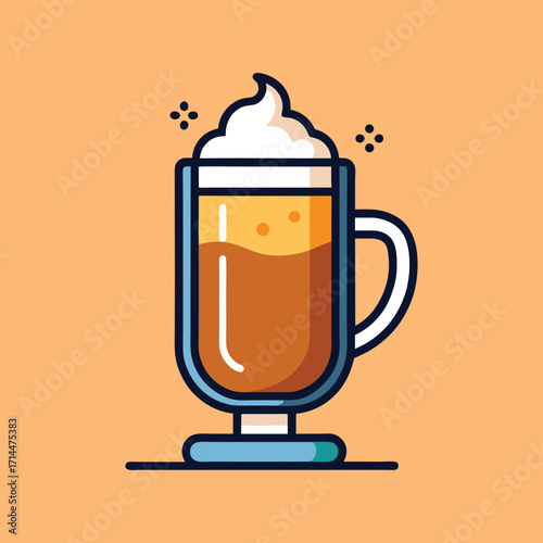 Cartoonstyle illustration of a tall glass of creamy latte on orange background