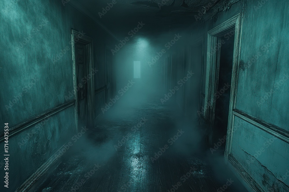 Naklejka premium Dark eerie hallway in abandoned hotel with mist and damaged doors cinematic horror