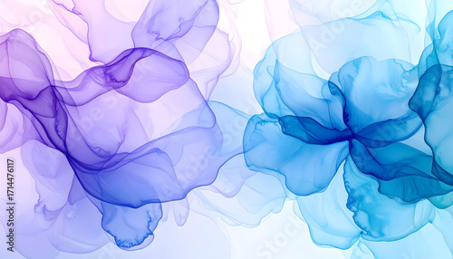 Ethereal alcohol ink abstract background with flowing purple and blue transparent shapes