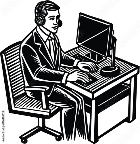 Businessman silhouette sitting on chair working on laptop in office vector illustration