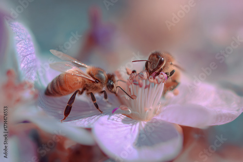 Two honey bees foraging nectar on a pink flower, detailed macro shot showing natural pollination.