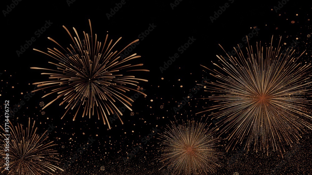 Obraz premium Golden fireworks explode in dark sky, celebratory and festive background