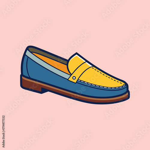 Stylish blue and yellow leather loafer shoe with brown sole illustration