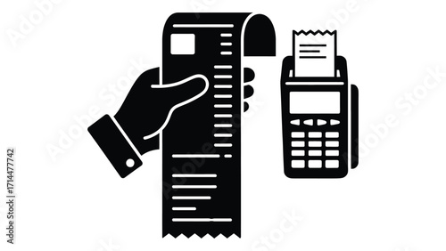 Hand holding long receipt and payment terminal isolated on white background