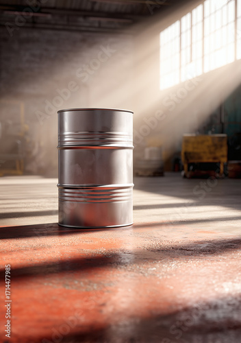 Blank silver oil barrel drum standing in a factory warehouse with sun light shining on it mockup