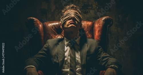 Man blindfolded in armchair