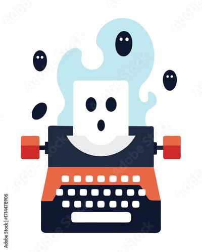 Vector art of spooky ghost coming out of a vintage typewriter