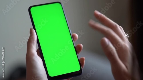 Close-up of a person's hands holding a modern smartphone with a vivid green screen, perfect for custom content display, while interacting with the interface for digital content or apps