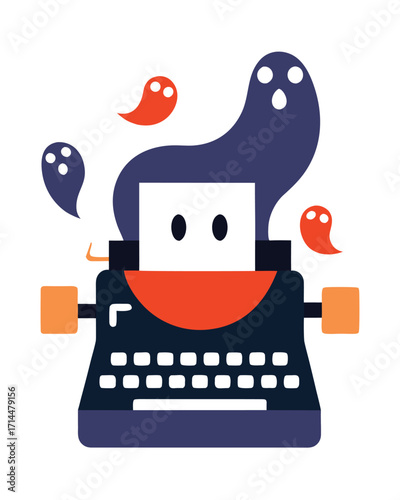 Vector art of spooky ghost emerging from a vintage typewriter