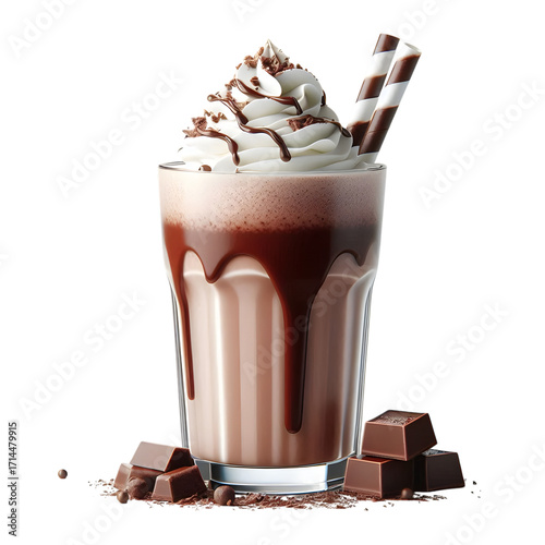 Delicious chocolate milkshake in a tall glass, topped with whipped cream and chocolate drizzle. Milkshake