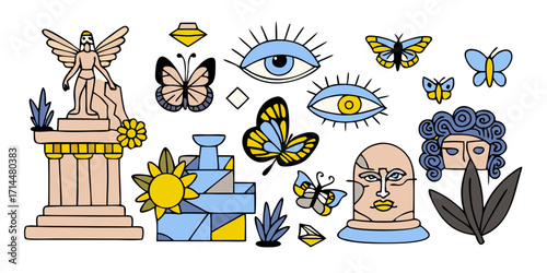 Artistic Mystique: A surreal digital illustration showcasing an eclectic mix of cultural, artistic, and enigmatic symbols: wings, eyes, butterflies, statues.