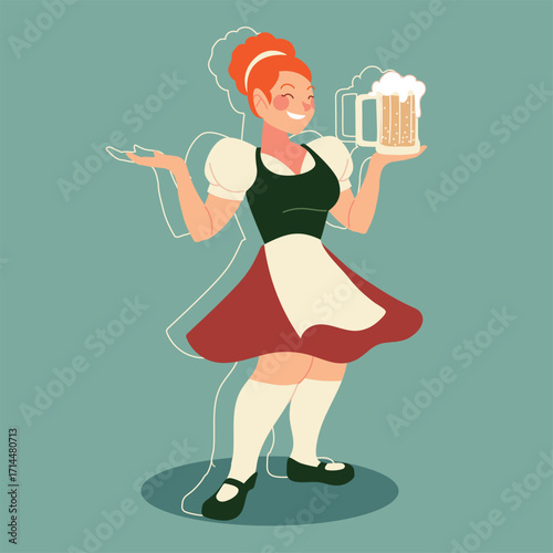 Charming vector illustration of a smiling Bavarian waitress in a traditional dirndl holding a frothy beer mug during an Oktoberfest celebration