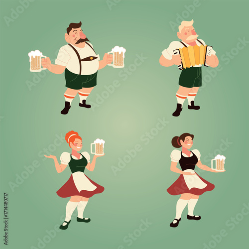 Colorful vector illustration of cheerful Bavarian men and women in traditional lederhosen and dirndl costumes holding beer mugs during an Oktoberfest celebration