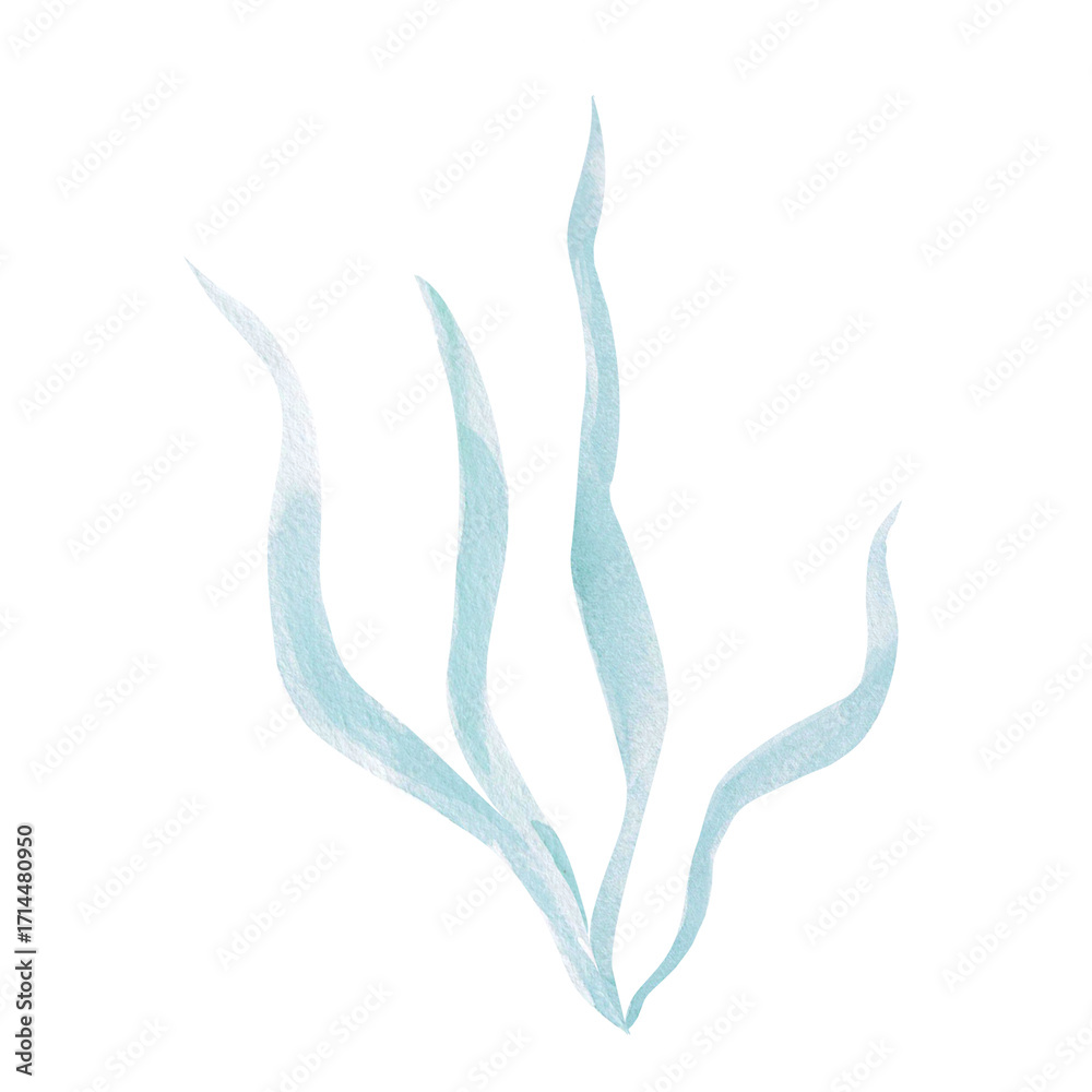Fototapeta premium A bush of blue, long-leaved seaweed. Isolated watercolor painting of underwater plants for children's prints, clothing, and interior design for themed parties and children's rooms.