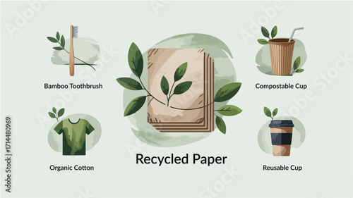 Recycled paper icons set with bamboo toothbrush, compostable cup, organic cotton t-shirt, and reusable cup — sustainable product design elements