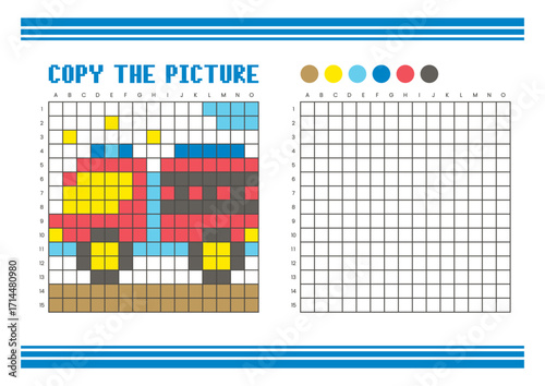 Copy the picture grid drawing worksheet for kids. Pixel art fire truck
